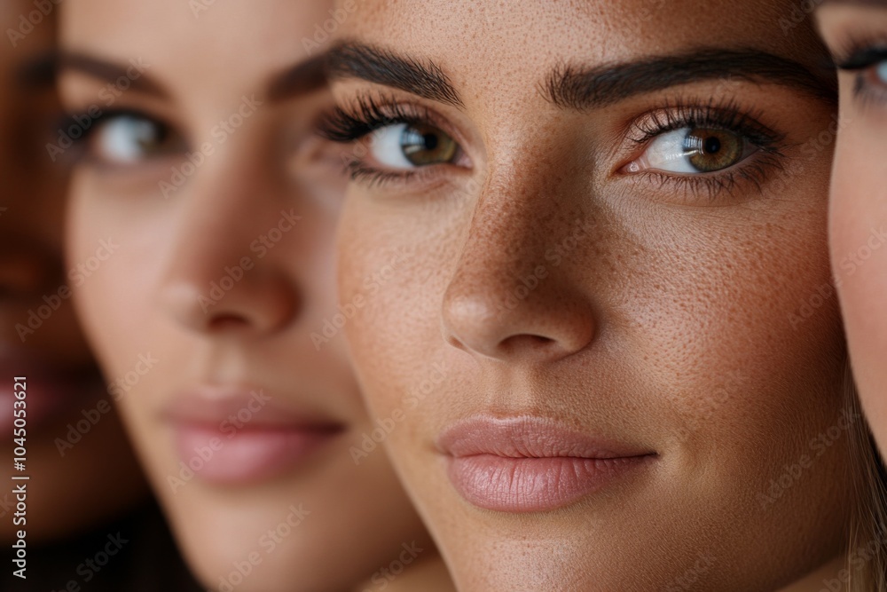 Portrait of group of middle aged women in line with colorful clothes. Skin care. Cosmetics. Anti-aging.