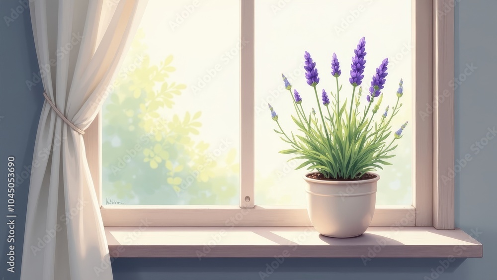 Fototapeta premium Serene Lavender Plant in a Sunlit Windowsill – Perfect for Tranquil Home Decor