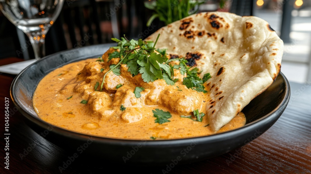 Cremiges indisches Butter Chicken mit Naan - perfekt für Restaurantmenüs und kulinarische Websites Cremiges indisches Butter Chicken mit Naan - perfekt für Restaurantmenüs und kulinarische Websites