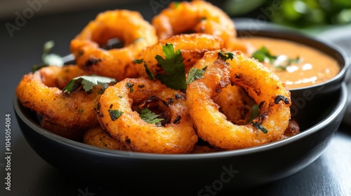 Knusprige Zwiebelringe mit Dip für Gaumenfreuden und Foodfotografie