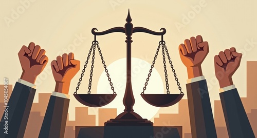 National security in brown and gray featuring smooth transitions, scales of justice, and raised fists, symbolizing fairness and protection. 