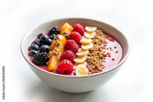 A vibrant and colorful smoothie bowl with a variety of fruits and granola