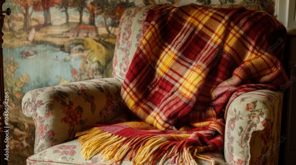 Fototapeta premium Cozy Chair with Colorful Blanket in Vintage Setting