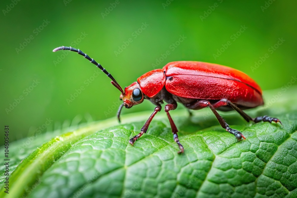 Small red beetle crawling on green leaf Small red beetle crawling on green leaf