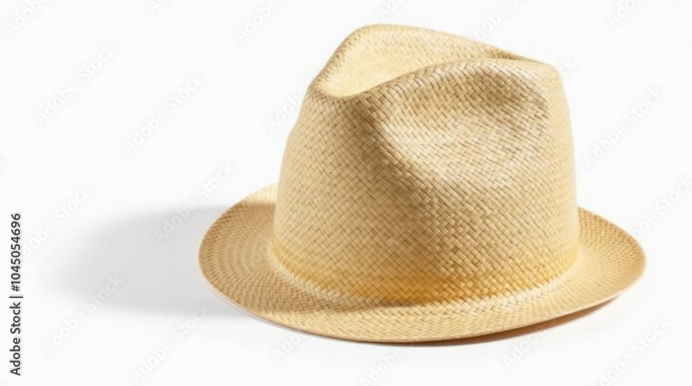A simple handwoven straw hat with a natural texture, set against a white background; the weaving pattern is beautifully displayed. A simple handwoven straw hat with a natural texture, set against a white background; the weaving pattern is beautifully displayed.