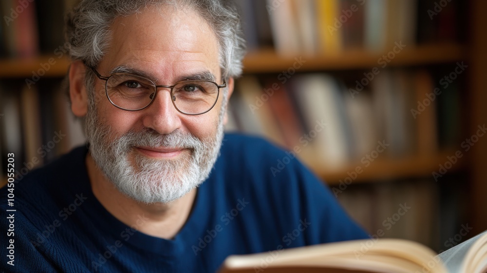 Älterer Mann genießt ein Buch in der Bibliothek: Bildung, Wissen und Entspannung Älterer Mann genießt ein Buch in der Bibliothek: Bildung, Wissen und Entspannung