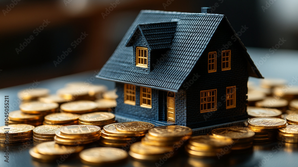 Model of a house standing on gold coins Model of a house standing on gold coins