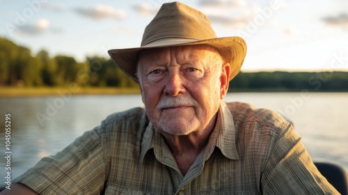 Älterer Mann genießt die ruhige Seekulisse bei Sonnenuntergang und Natur- und Lifestyle-Konzepte