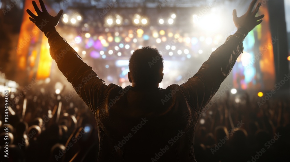 Naklejka premium Energetische Rap-Konzertszene mit enthusiastischem Publikum und lebendiger Beleuchtung zur Promotion von Musikevents