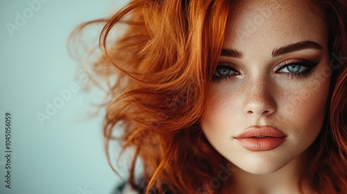 A striking close-up portrait of a woman with vibrant red hair, bright blue eyes, and freckles, exuding a confident and mysterious charm in soft lighting.