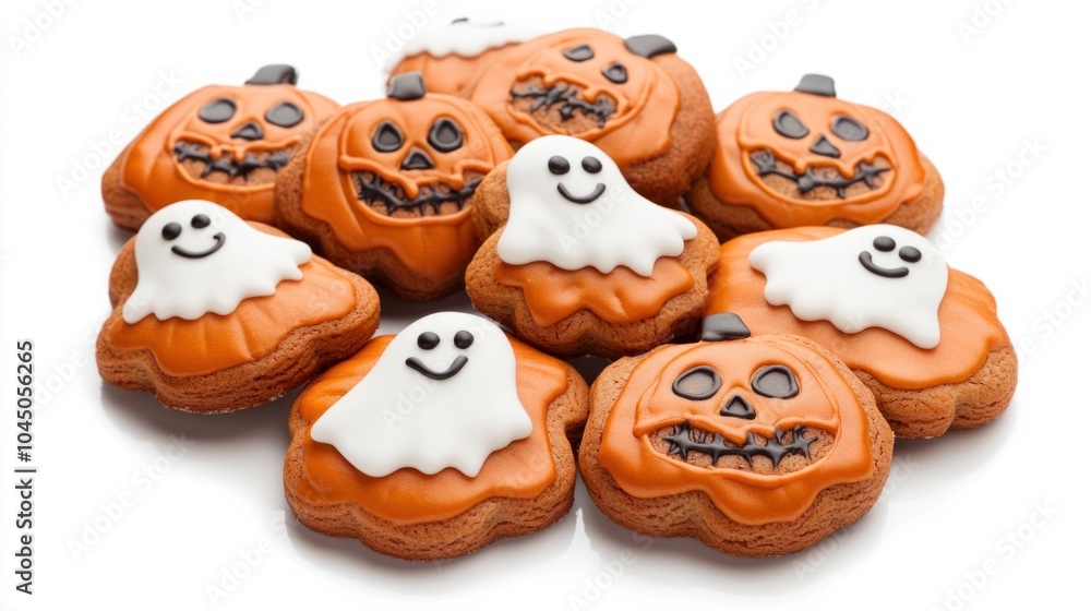 Halloween-themed cookies shaped like pumpkins and ghosts, decorated with icing, isolated on white background Halloween-themed cookies shaped like pumpkins and ghosts, decorated with icing, isolated on white background