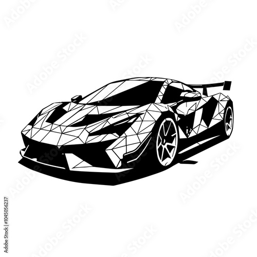 Polygonal sports car black and white illustration. Race car symbol logo template, stylized vector silhouette.