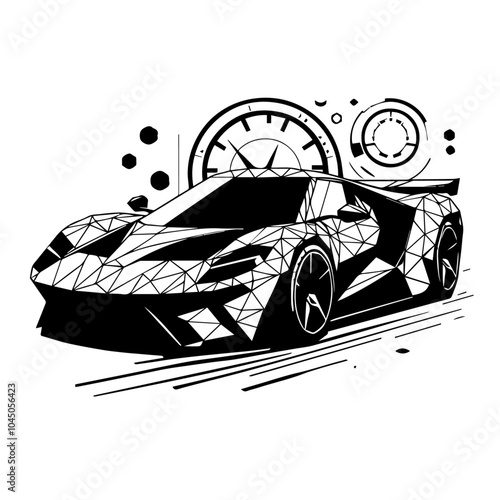 Polygonal sports car black and white illustration. Race car symbol logo template, stylized vector silhouette.