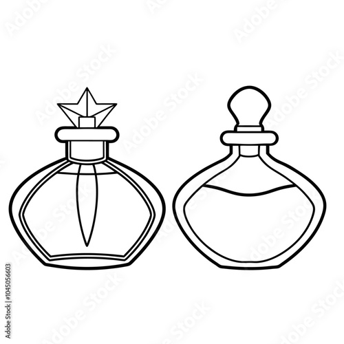 Perfume glass bottle realistic transparent, abstract geometric technical, blank white cosmetic cone shape bottle cap vector illustration