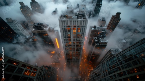 Nebelige urbane Wolkenkratzerlandschaft bei Nacht - Stadtbild für Städteplanung und -gestaltung photo