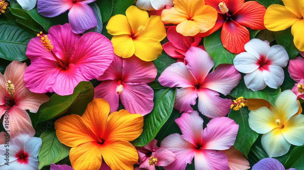 Vibrant hibiscus blossoms in diverse colors with lush green leaves creating a tropical floral pattern Vibrant hibiscus blossoms in diverse colors with lush green leaves creating a tropical floral pattern