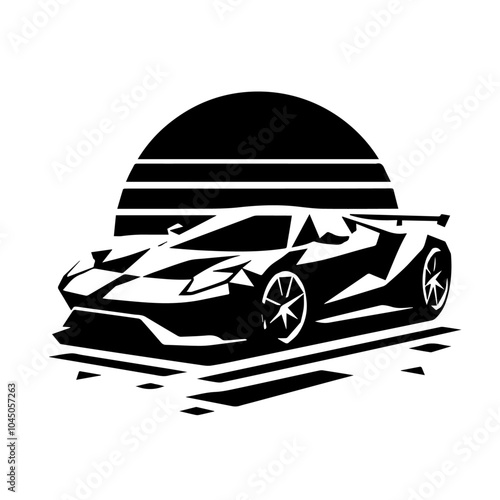 Polygonal sports car black and white illustration. Race car symbol logo template, stylized vector silhouette.