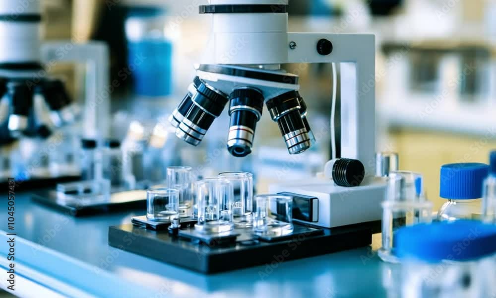 A laboratory setup featuring a microscope and glassware for scientific experiments. A laboratory setup featuring a microscope and glassware for scientific experiments.