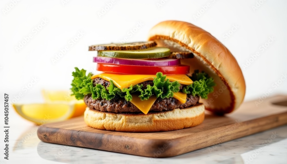 Deliciously stacked burger ready to be savored Deliciously stacked burger ready to be savored