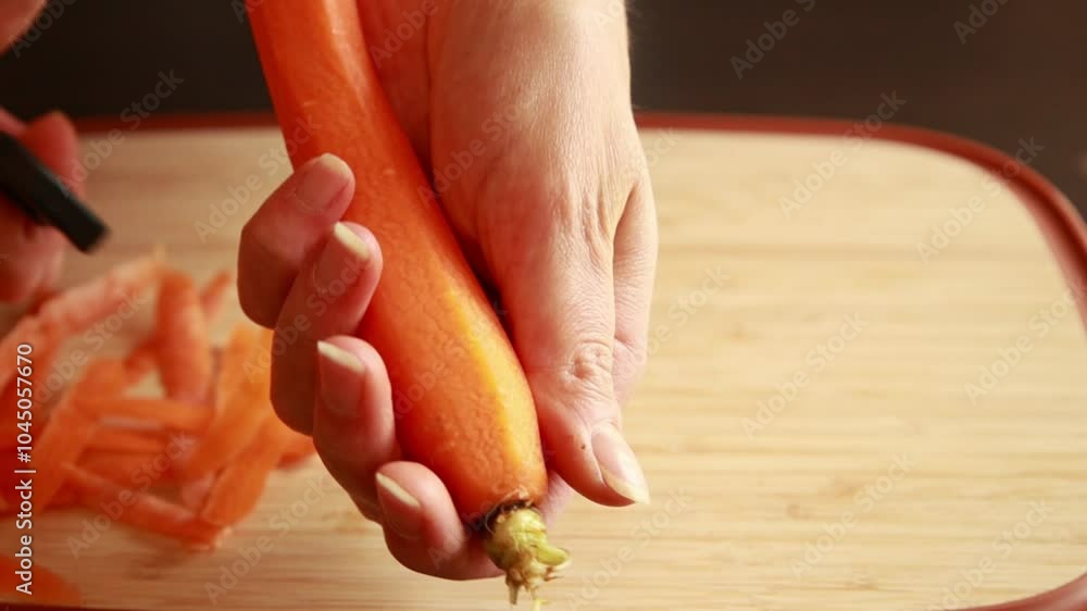 woman's hands skillfully peeling a fresh carrot woman's hands skillfully peeling a fresh carrot