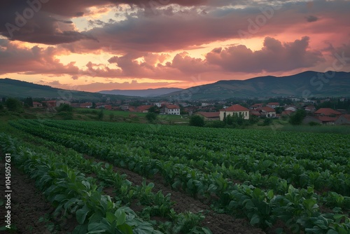 Golden hues fill the sky as the sun sets behind distant mountains, illuminating lush tobacco fields and quaint rural homes nestled in the valley below