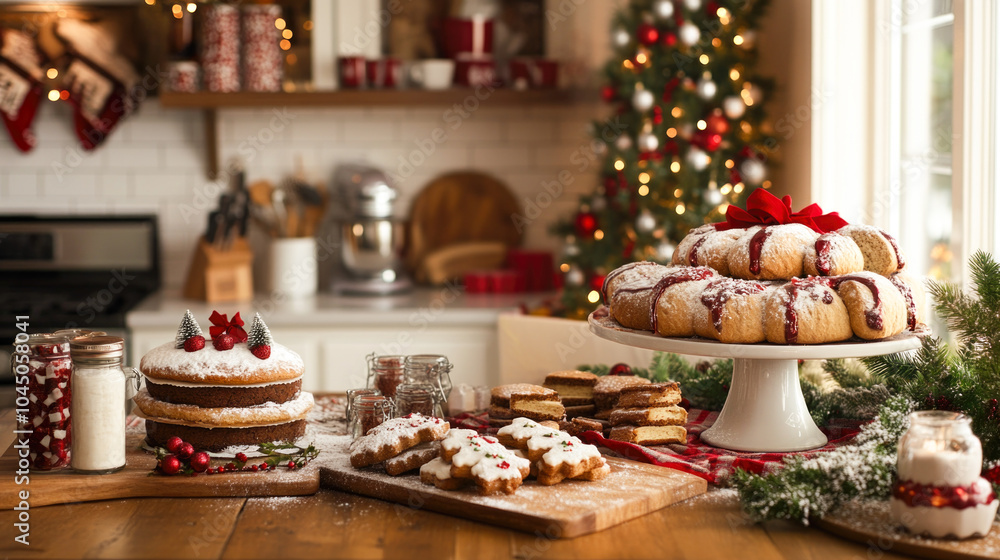 Festive christmas dessert spread in cozy kitchen setting with holiday decor Festive christmas dessert spread in cozy kitchen setting with holiday decor