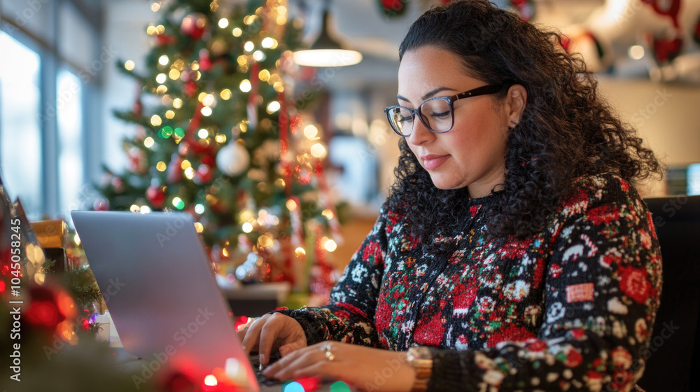 Woman in festive sweater working on laptop near christmas tree in cozy office setting Woman in festive sweater working on laptop near christmas tree in cozy office setting
