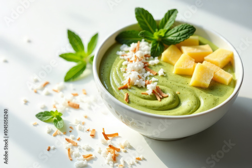 A smoothie bowl with a unique and exotic flavor combination, such as matcha and pineapple on a white background