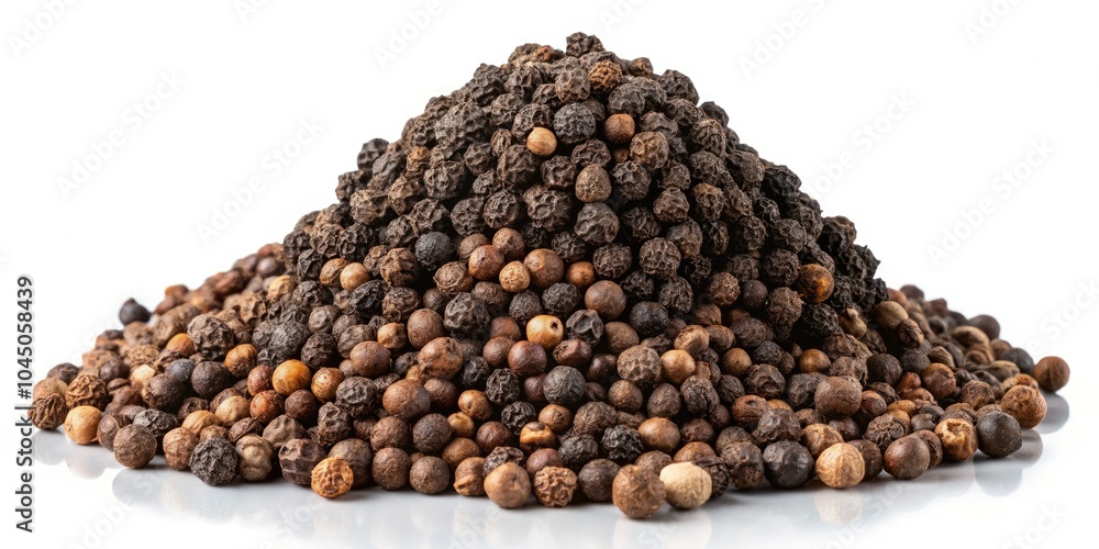 A striking arrangement of dark peppercorns and allspice, ideal for culinary applications and vibrant food photography, creatively showcasing rich flavors against a pristine white backdrop. A striking arrangement of dark peppercorns and allspice, ideal for culinary applications and vibrant food photography, creatively showcasing rich flavors against a pristine white backdrop.