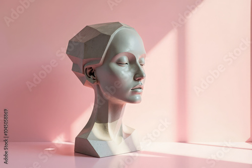 Graceful Female Head Statue on Pink Background