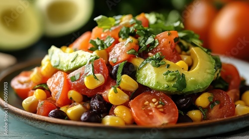 A healthy and vibrant salad decorated with ripe avocados, tomatoes, corn, and black beans, garnished with fresh cilantro, presenting a delightful culinary experience.