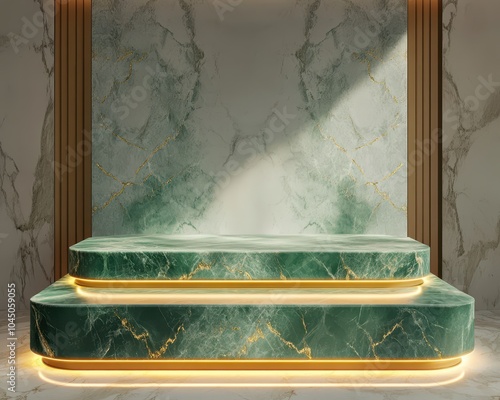 Luxurious green jade platform with gold embedded lines, glowing softly in an opulent marble space, jade and gold luxury, highend product showcase