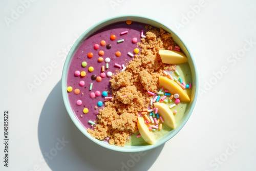 A smoothie bowl with a fun and playful topping, such as sprinkles or cookie crumbs