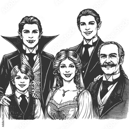 vampire family posing for a portrait, capturing a mix of gothic and classic elegance sketch engraving generative ai vector illustration. Scratch board imitation. Black and white image.