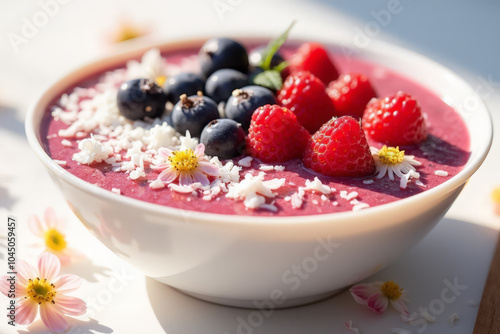 Fresh Berry Smoothie Bowl with Coconut Flakes and White Flowers 