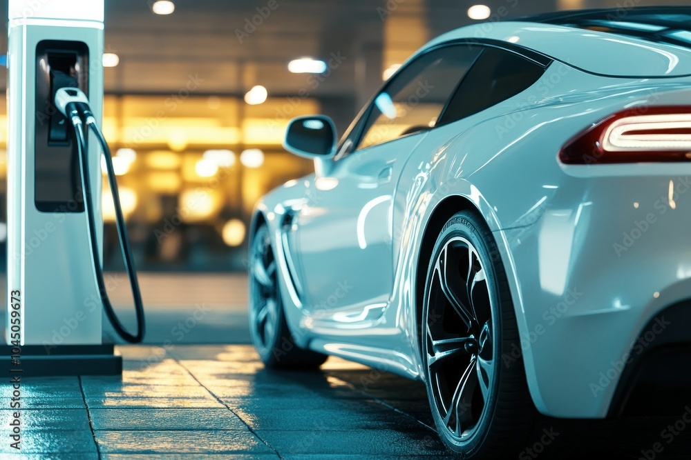 Sleek Electric Car Charging at Modern Station Sleek Electric Car Charging at Modern Station