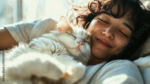 A serene scene of a woman lying down, embracing a fluffy white cat, reflecting comfort, warmth, affection, relaxation, and the deep bond between humans and pets. photo