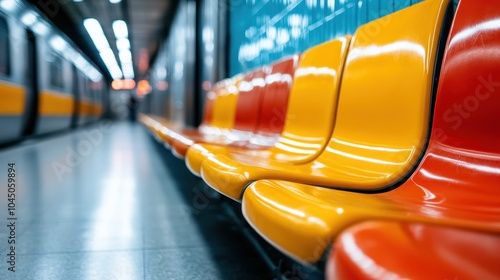 A neat alignment of muted orange seats reflects a perfect symmetry in the subway, offering an ordered pace for commuters and a subtle rhythmic travel scene. photo