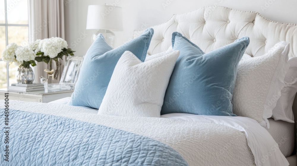 Cozy Blue and White Bedroom with Plush Pillows