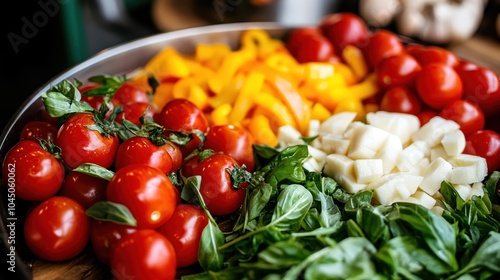 A vibrant array of fresh vegetables, including cherry tomatoes, yellow peppers, mozzarella, and basil leaves, sits beautifully chopped in a rustic wooden bowl.