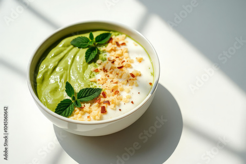 A smoothie bowl with a unique and exotic flavor combination, such as matcha and pineapple on a white background