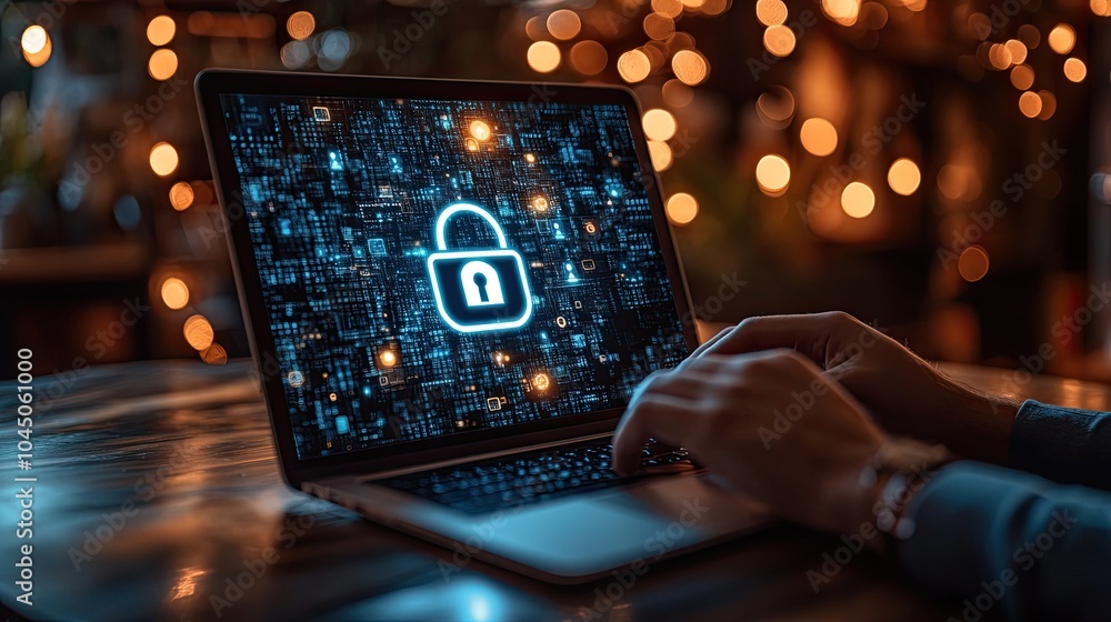In a contemporary office setting, a professional is using a laptop with a digital lock symbol to symbolize cybersecurity and data protection principles. In a contemporary office setting, a professional is using a laptop with a digital lock symbol to symbolize cybersecurity and data protection principles.
