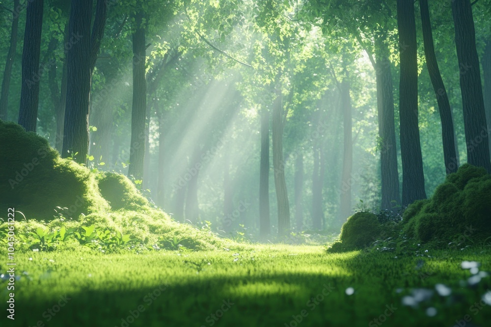 Fototapeta premium Serene Forest with Sunlight and Lush Greenery