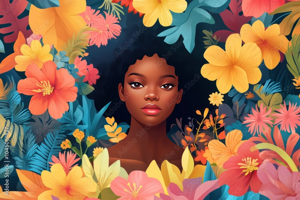 Young Woman Surrounded by Vibrant Floral Design Young Woman Surrounded by Vibrant Floral Design