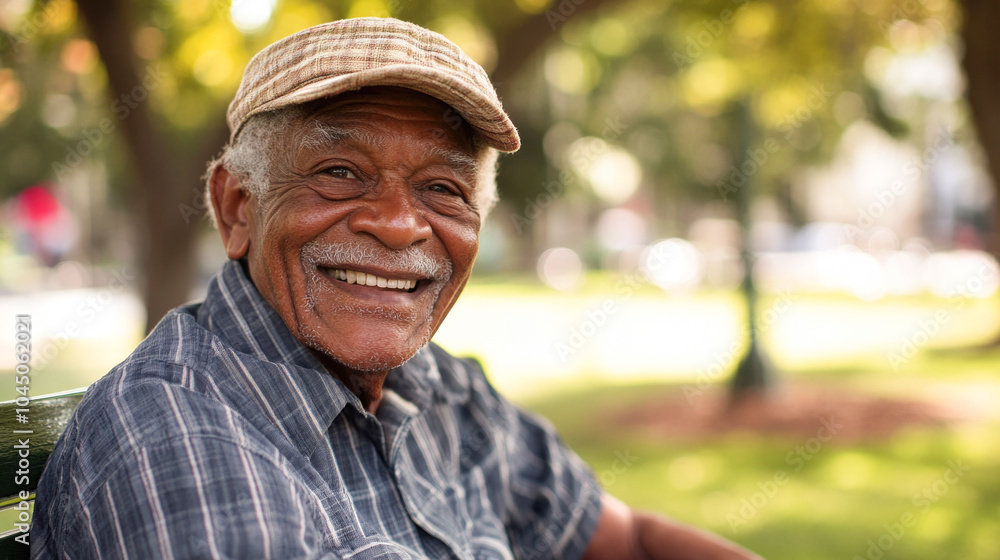 Obraz premium Elderly man smiling outdoors in park with plaid shirt and cap on sunny day