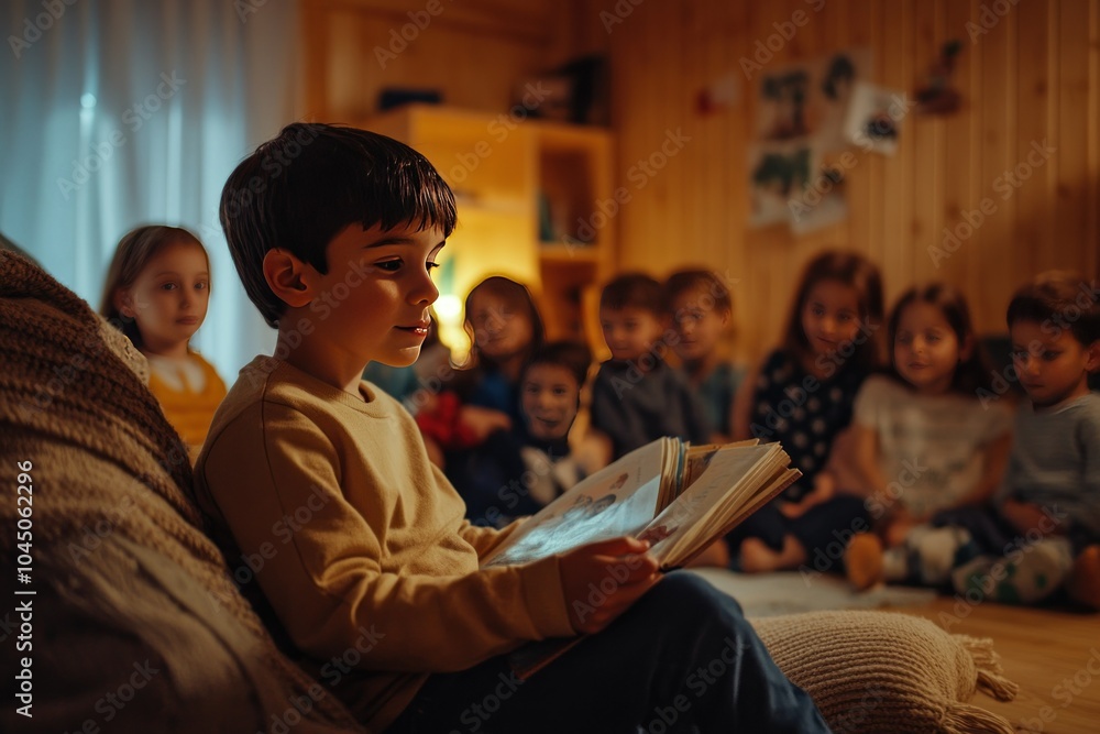 Child Reading Aloud in Cozy Room with Friends Child Reading Aloud in Cozy Room with Friends