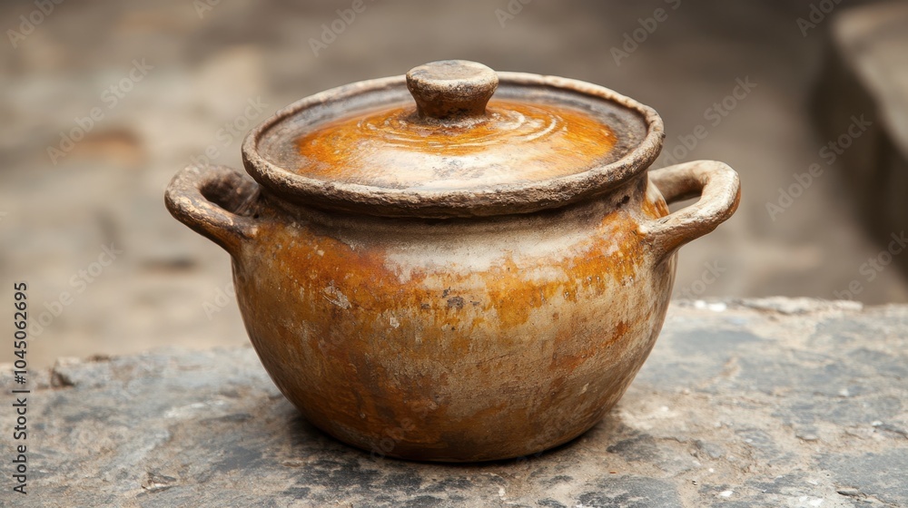 Rustic Ceramic Pot with Lid on Stone Surface Rustic Ceramic Pot with Lid on Stone Surface