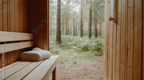 Friedlicher Wellness-Rückzugsort: ruhige Sauna mit Waldblick zur Entspannung und Spa-Design