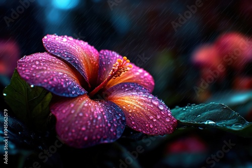 A stunning close-up of a hibiscus flower in full bloom, its vibrant red petals glistening with dewdrops under a gentle rain, evoking nature's beauty and resilience.