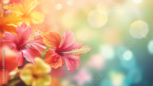 Vibrant hibiscus flowers with colorful bokeh background for nature and floral themes